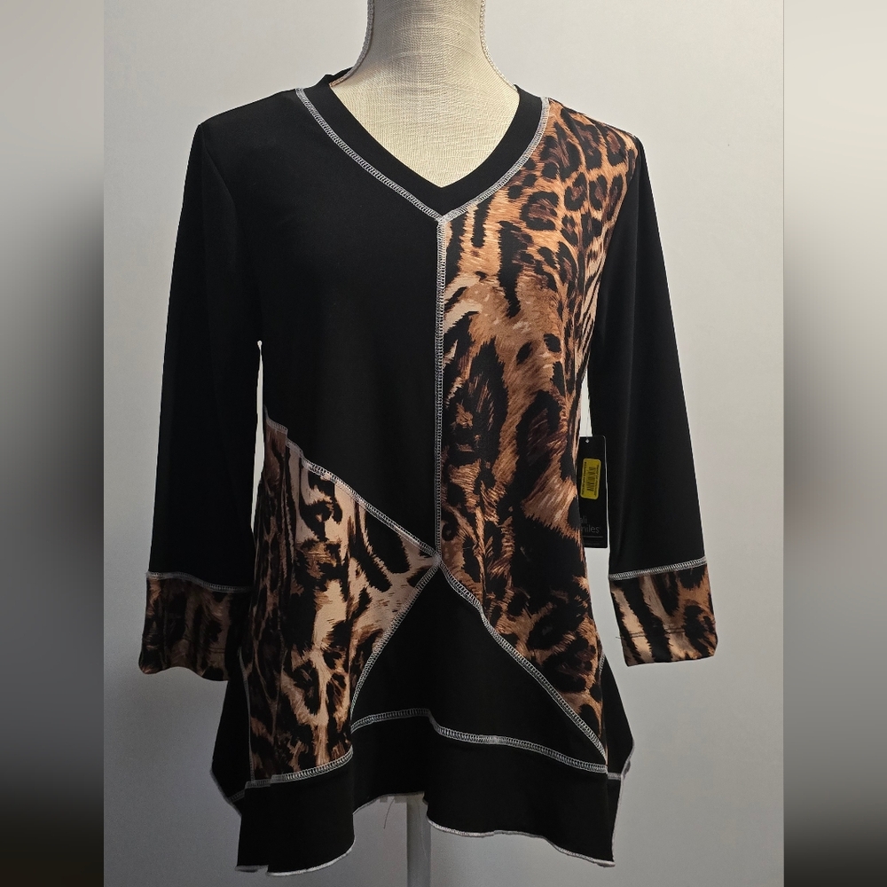 Ali Miles Black and Tan Patchwork Tunic Petite Medium